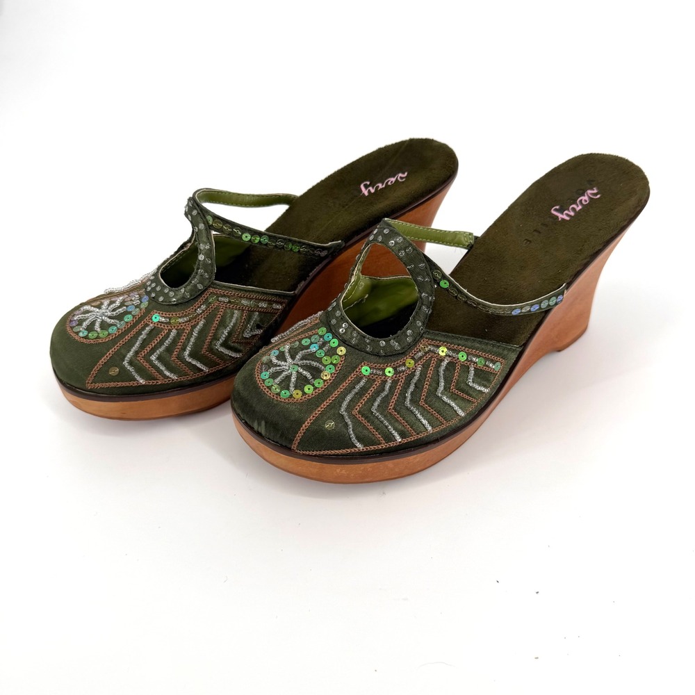 Very Volatile Y2K Beaded Sequin Platform Wedge Mules Olive Green Wood Sole 7
